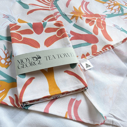 Flora tea towel with branding