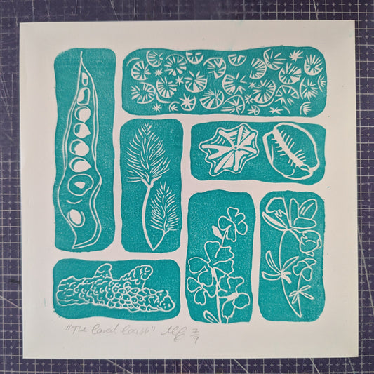 Teal and white botanical illustrations on a white background with grid lines.